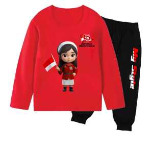 Stelan Baju Kaos Motif Gambar 2 HUT 17 AGUSTUSAN Oblong Lengan Panjang Anak Perempuan Atasan Usia 1-13 Tahun