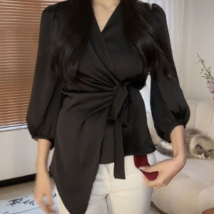 Ladies silk shirt with V-neck and cinched waist design crossed straps lantern style half sleeves elegant and classic fashion top