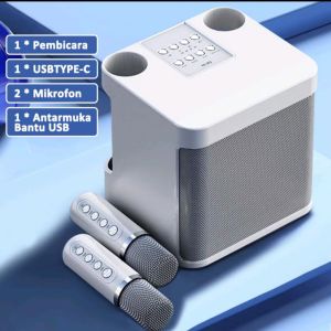 COD Speaker Bluetooth Mini dengan Paket 2 Mikrofon Pemutar MP3 Bluetooth Nirkabel Portabel Karaoke Pesta dengan Efek 3D Surround dan Subwoofer Mini