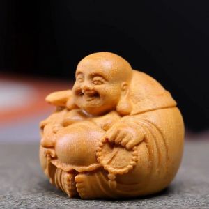 FDO0009 Miniature Laughing Buddha Maitreya Sculpture Woodcarving Mini Handmade Statue Ornaments Wooden Buddha Statue Craft Gift