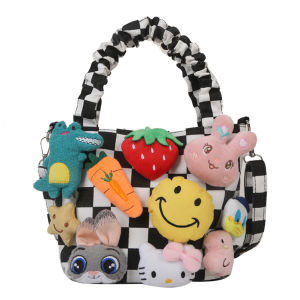 5TH Girls Cute Sling Bag Adjustable Strap Square Satchel Bags Casual Versatile Pleated Handles Patchwork Toy Figure Tote Bag