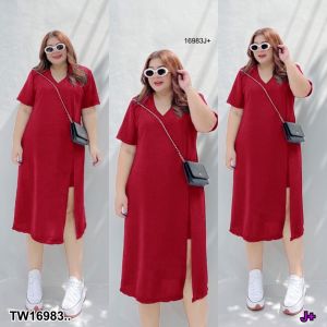 TW16983 Set #Bigsize 2 ชิ้น เดรสผ่าหน้า + กางเกงขาสั้น ..