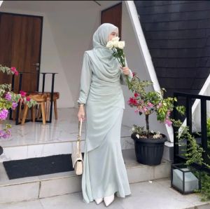 Gamis Kondangan Terbaru 2024 Set Pashmina Shanum Dress Model Wanita Melayu Kekinian Simple Elegan