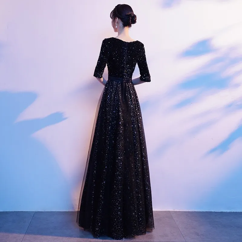 Elegant Round Neckline Long Sleeves Sequin Evening Dress