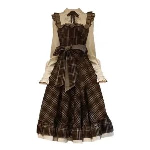 Fake Two-Piece Dress for Women Long Skirt Slim Fit Waist Cinching Vintage Lolita Plaid Bow New Korean Style Fashion Winter 20262026