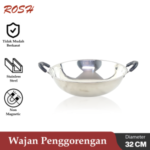 ROSH Wajan / Kuali Masak Diameter 34 CM China Wok Stainless Steel Anti Karat ROS Chrome