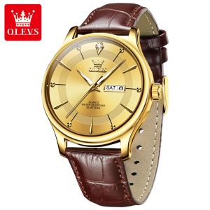 OLEVS Watch For Men Waterproof Genuine Casual Business Original Strap Diamond Dial Simple Dual Calendar Luminous Mens Watch