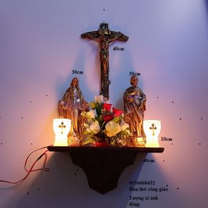 Bộ bàn thờ kệ nâu 40cm Tượng Mẹ và Thánh 30cm Thánh giá Chúa 45cm cặp đèn 10cm đầy đủ Bàn thờ gia đình CG mini