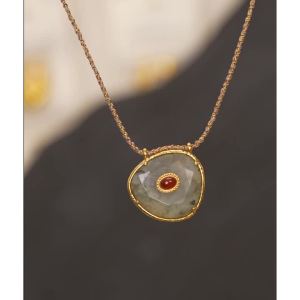 Yhpup Natural Spectrolite Agate Stone Oval Pendant Necklace for Women Golden Stainless Steel Exquisite Fashion Jewelry Gift