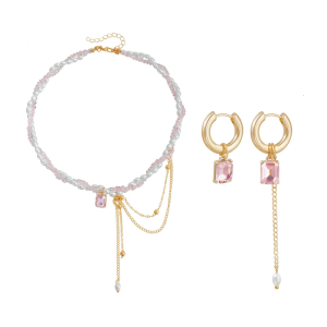 Glass Block Simulated Stone Dangle Necklace Earring Set Versatile for Casual Outfits Evening Gatherings Alloy