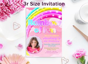Rainbow Birthday Invitation Card with Envelope - Colorful Magical day Invite - Pink Girl Personalized