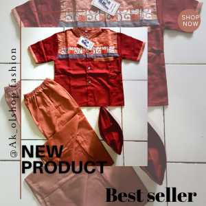 Baju koko setelan anak laki laki usia 1th - 15th terbaru motif F2 bordir lengan pendek bahan katun 100% bonus peci