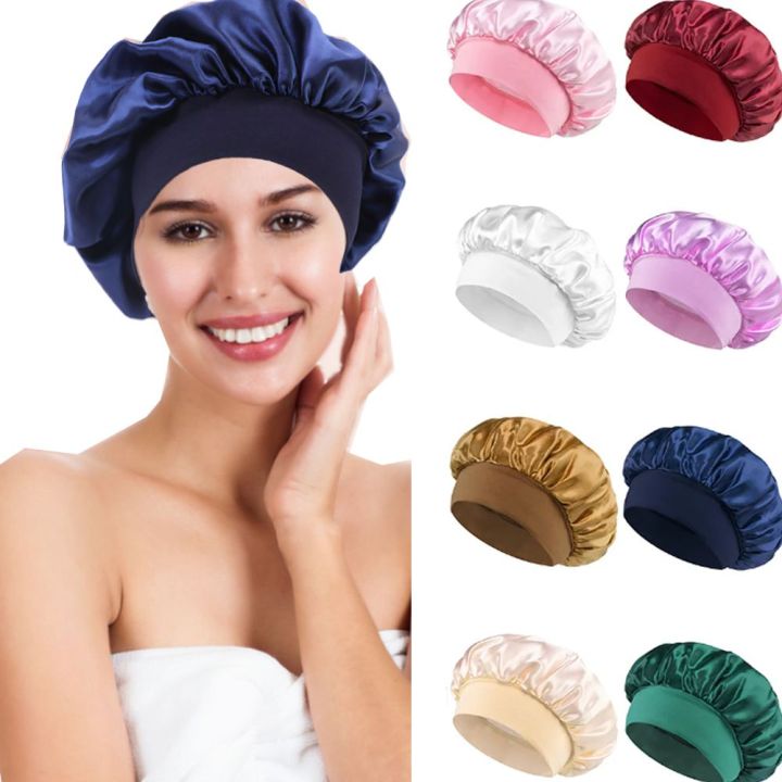 BJQFRH Soft Long Hair Care Bonnet Imitation Silk Solid Satin Satin
