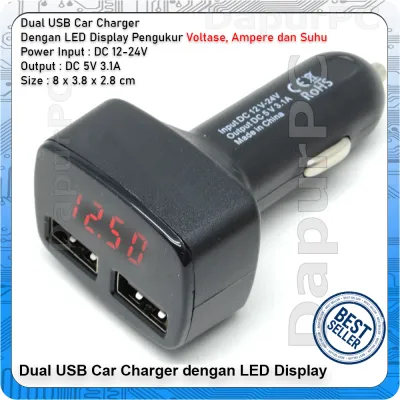 Charger Mobil dengan 2 Port USB dan Display Voltase Ampere dan Suhu