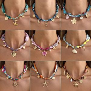 ZYJC Stylish Printed Scarf Necklace Lightweight Bohemian INS Vacation Jewelry Ribbon Tie Comfortable Flower Pendant Vacation Wear