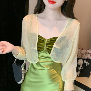 Impression Fashion Women Elegant Korean Plain Chiffon Long Puff Sleeve Short Sun-protective Shawl Cardigan