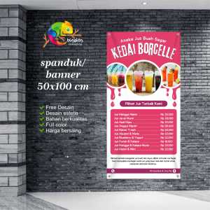 Cetak Spanduk Banner Ungu dan Pink Ilustrasi Banner Kedai Aneka Minuman