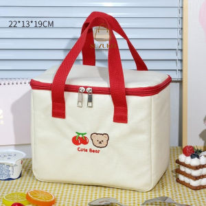 Túi canvas đựng hộp cơm trưa gấu bear túi mang cơm văn phòng giữ nhiệt lót bạc dày size lớn THÊU dễ thương cầm tay TV12