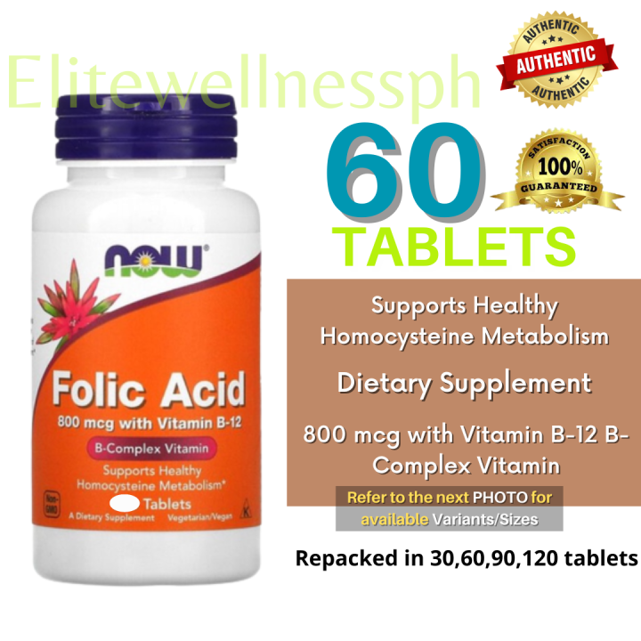 60 Tablets- NOW Supplements, Folic Acid 800 mcg + B-12 (Cyanocobalamin ...