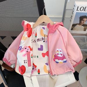 Spring Autumn Toddler Clothes Baby Girls Cute Cartoon Print Double-Sided Hooded Jacket Zipper Long Sleeves Clothes Kids Windbreaker