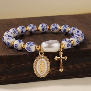TFHDFHRG New Chinese Style Blue and White Porcelain Bracelet Metal Beaded Bow Women Bangle Creative Tassel Ceramics Bracelet Women