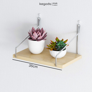 Kệ Gỗ Trang Trí Treo Tường 35cm Có Móc Inox Không Cần Khoan Kegoda (Đầy Đủ Phụ Kiện) KT55