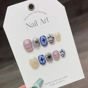 [HANDMADE]Artificial Nail Babes Devils Eye Four Pointed Star Metal Magic Mirror Phototpy Nails Reusable and Removable Nails