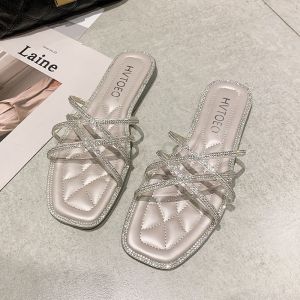 Ielgy nữ thời trang Mới Mùa Hè giày dẻo Dép lê gắn kim cương giả La Mã đáy phẳng