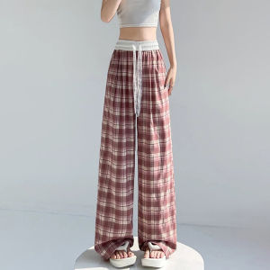 [Lace drawstring contrast plaid wide-leg pants]กางเกงขากว้างเอวสูงแบบลำลองผูกเชือกลายสก็อตสำหรับผู้หญิงอเมริกันในช่วงฤดูร้อน