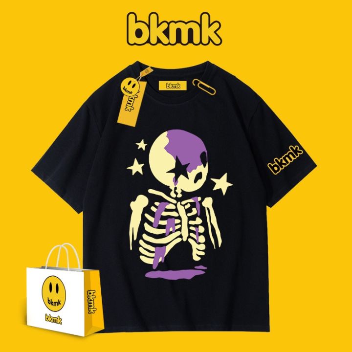 Bkmk เสื้อยืดแขนสั้นลําลอง ผ้าฝ้ายแท้ พิมพ์ลายโครงกระดูก ทรงหลวม สไตล์ ...