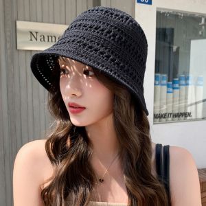 NIFINE Foldable Fisherman Hat Wide Brim Knitted Sun Hat Fashion Solid Color Hollow Beach Cap
