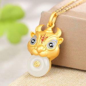 Turn the world around cow pendant Hetian jade inlaid painted cow head pendant enamel live broadcast low price gift