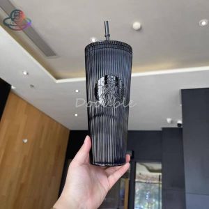 Starbucks Cup 24oz All Black Straw Cup 710ml Cool Vertical Stripe Plastic Cup gift