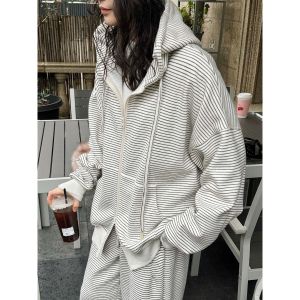 2026 Early Fall New Women Vintage Casual Hooded Color Block Striped Zipper Sweatshirt Loose Oversized Top