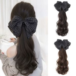 XINSU38 Hair Extension Black Bows Knot Ponytail Hairpiece Low Ponytail Long Curly Ponytail Hair Accessories Natural Claw Clip Ponytail Wig for Women