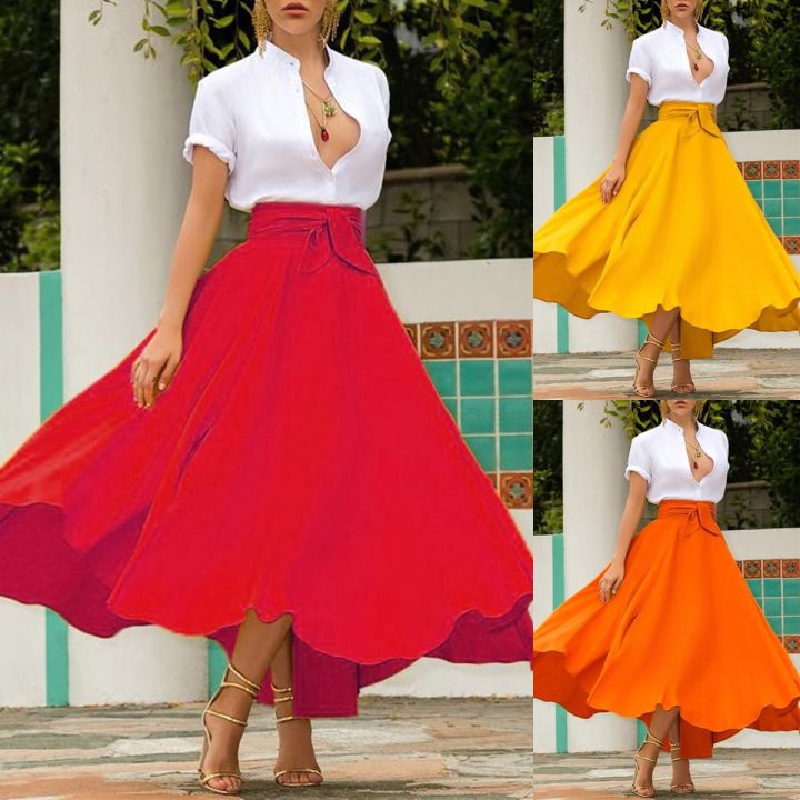 Ready Stock-Women's Solid Color High Waist A Line Skirt Fashion Slim Waist  Bow Belt Flared Pleated Long Red Orange Yellow Gypsy Maxi Skirt