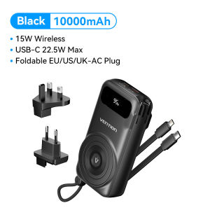 Vention 10000mAH Powerbank 15W Magnetic Wireless Charging Integrated USB-C and Lightning Cables Built-in EU US UK AC Plug for iPhone 16 15 14 13 pro max Samsung S24 Ultra S23 Xiaomi 13t ios Tablet Portable Power Bank