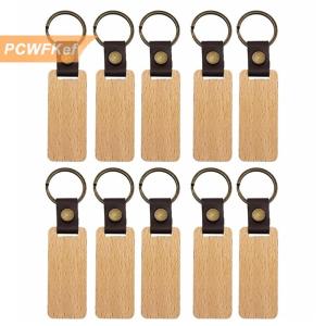 【PCWFKef】 พวงกุญแจไม้ปรับแต่งได้10ชิ้นพวงกุญแจทรงกลม สี่เหลี่ยมผืนผ้าพวงกุญแจไม้พียูเครื่องประดับพวงกุญแจหนังสำหรับเพื่อน