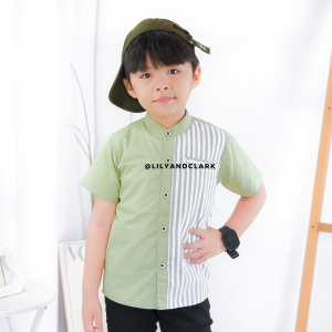 Lily And Clark Kemeja Anak Laki-Laki Pendek Warna Sage Salur KP15