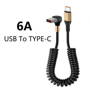 66W 90 Degree Spring USB Type C Mobile Phone Cable 6A Fast Charging Type-C Cord compatible for  Xiaomi Game Car Phone Charging Cable