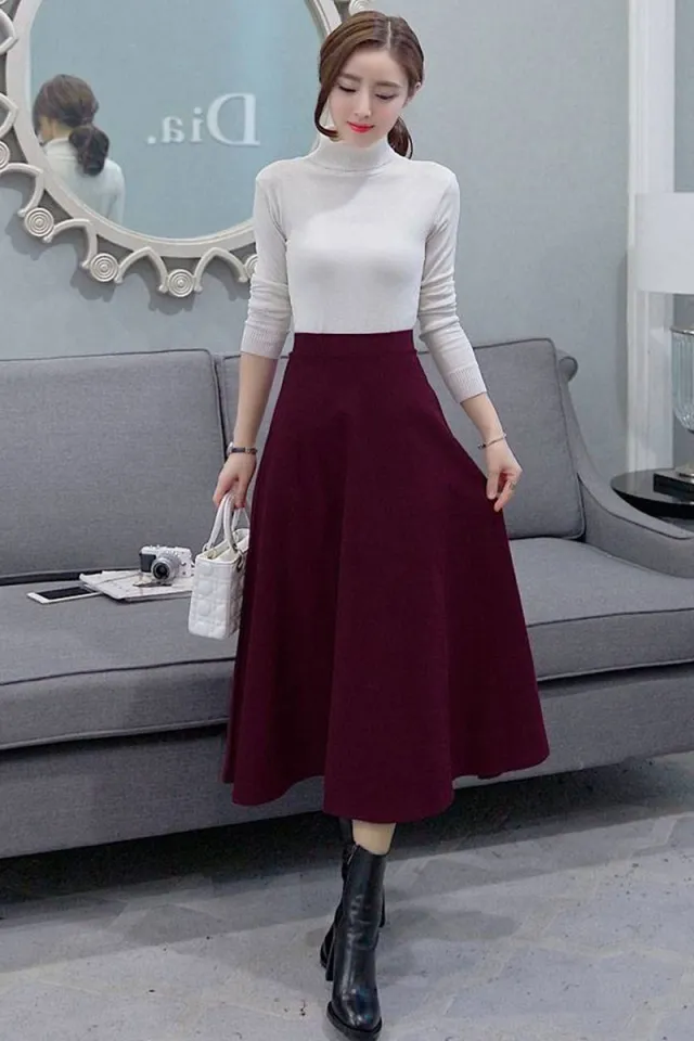 Women Casual Long Skirt Elastic High Waist Plain A-Line Skirt