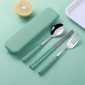 [Same Day Ship] 3PCS Portable Travel Tableware Set Stainless Steel Dinnerware with Box Kitchen Fork Spoon Dinner Set for Kid School Cutlery