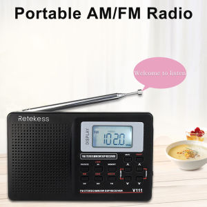 Retekess V111 Portable AM FM Shortwave Radio Alarm Clock Operated AA with Earphones Jack Sleep Timer for Travel(10K StepBlack)