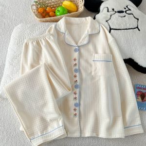 2PC Set Womens Long Sleeve Sleepwear Loungewear Cardigan Embroidery Cute Fashion Pajamas Homewear Autumn Winter New Pajamas Set