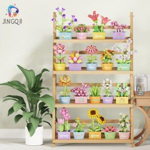 JINGQII ดอกไม้อาคารบล็อกของเล่นอนุภาคประกอบดอกเบญจมาศของเล่นอาคาร บล็อกไม้กระถางต้นไม้ HONGXII