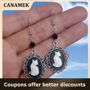 【 CANAMEK 】 Vintage Gothic White Cat Pattern Drop Earrings Women Vintage Silver Color Frame Creative Hook Earrings Party Jewelry
