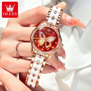 OLEVS watch for women original casual waterproof luminous calendar exquisite and elegant butterfly diamond petal-shaped dial Ceramic stainless steel quartz jam tangan perempuan
