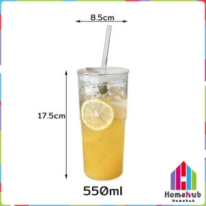 HB 550ml Creative Glass Water Cup with Straw and Lid Juice Milk Tea Coffee Cold Drink Mug