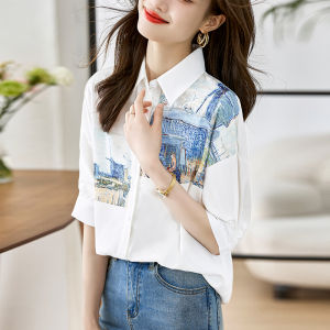 Ammin เสื้อเชิ้ตพิมพ์ลายนกกระเรียนสยายปีกแขนสั้นผู้หญิงสไตล์เกาหลีเสื้อเข้าชุดเสื้อพิมพ์ลาย