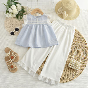 Bear Leader Baby Girls Clothes Sets Summer New Lace Flying Sleeves Tops and Pathwork White Pants Two Pieces Suits Outfits for Kids 4 to 7 Years Girls Fashion Clothing Casual Wear